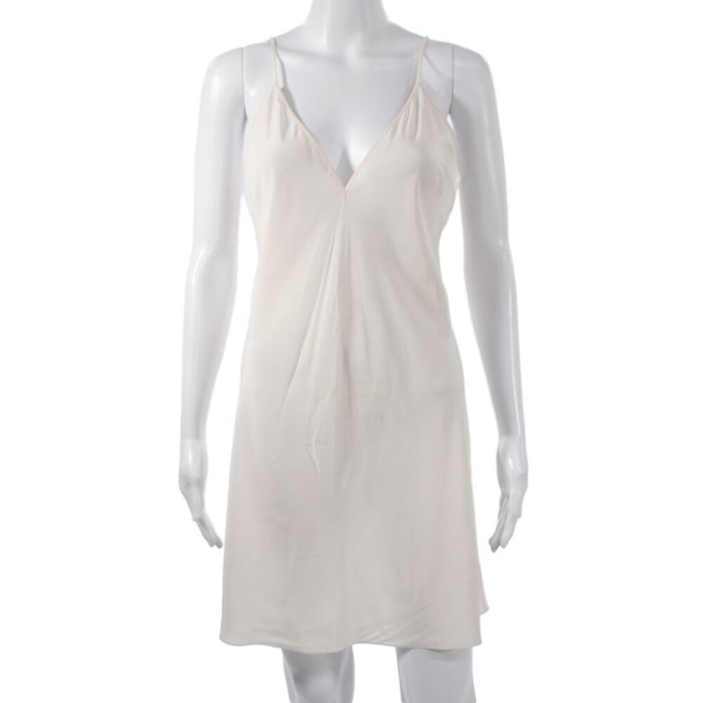 Hermes Women Silk Beige Slip Dress V Neck Sleeveless Designer Size 38